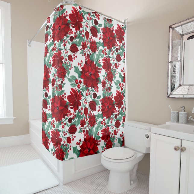 Merry Red Poinsettia Flowers Ivy Leaves Watercolor Shower Curtain (In Situ)
