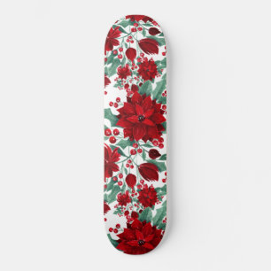 Merry Red Poinsettia Flowers Ivy Leaves Watercolor Skateboard