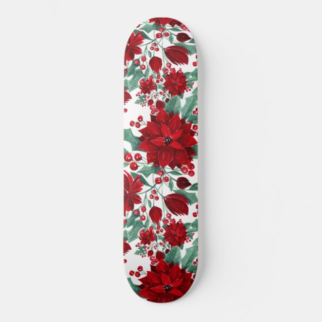 Merry Red Poinsettia Flowers Ivy Leaves Watercolor Skateboard (Front)