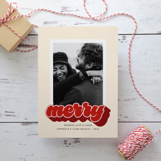 Merry Red Retro Script Christmas Photo Holiday Card