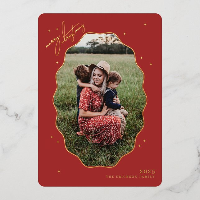 Merry Red Scallop Frame Holiday Photo Card (Front)
