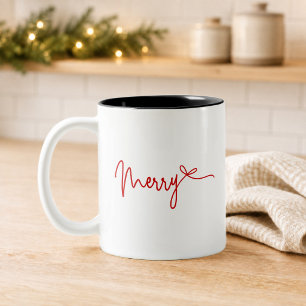 Merry Red Script Bow Christmas  Two-Tone Coffee Mug