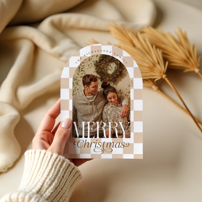 Merry Retro Chequerboard Arch Photo Holiday Card  (Merry Retro Checkerboard Arch Photo Holiday Card)