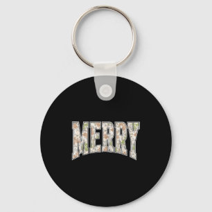 Merry Retro Letter Font Minimal Holiday Christmas Key Ring