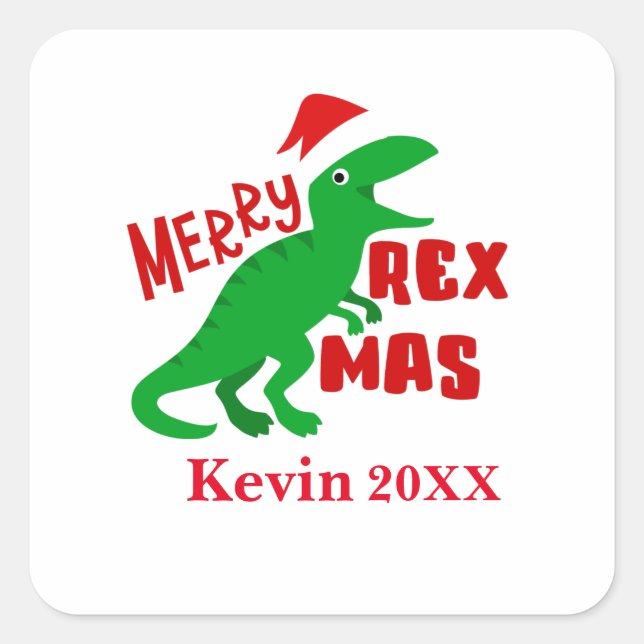 Merry Rex Mas Personalise Childrens TRex Dinosaur  Square Sticker (Front)