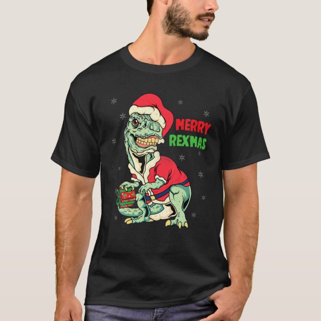 Merry Rexmas Rawr T Rex Christmas Dinosaur Santa R T-Shirt (Front)