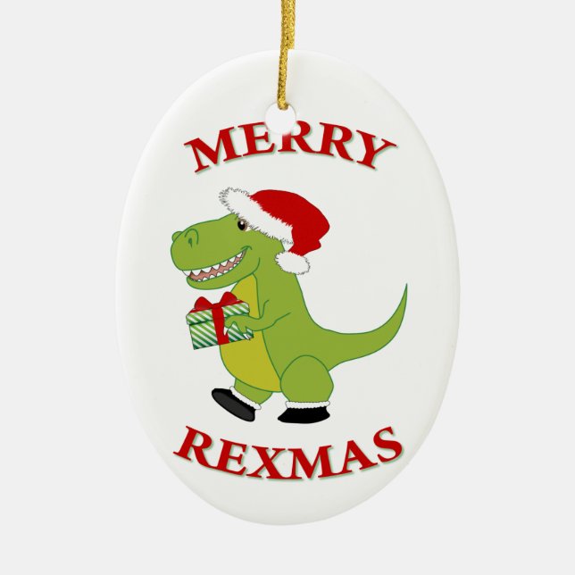 Merry Rexmas T-Res dinosaur design Ceramic Tree Decoration (Front)