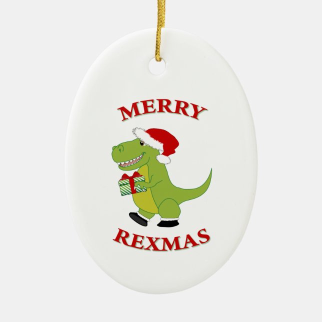 Merry Rexmas T-Rex dinosaur design Ceramic Tree Decoration (Front)