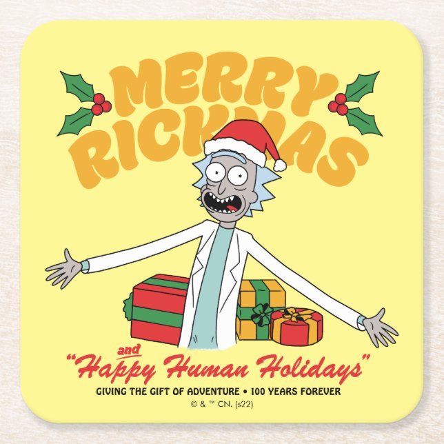 Merry Rickmas and Happy Human Holidays Square Paper Coaster (Front)