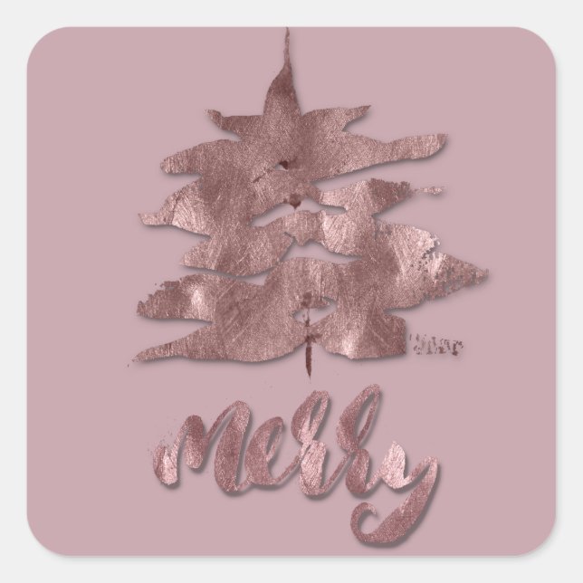 Merry Rose Gold Mauve Christmas Tree Metallic Copp Square Sticker (Front)