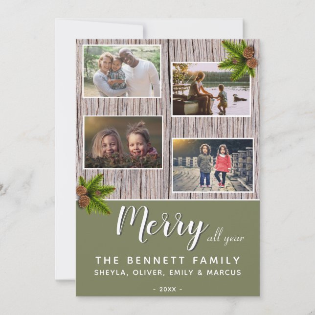 Merry Rustic Wood Christmas Family 4 Photo Collage Holiday Card (Front)