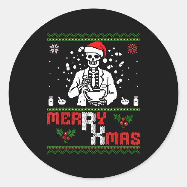 Merry Rx Mas Skeleton Pharmacist Pharmacy Tech Ugl Classic Round Sticker (Front)