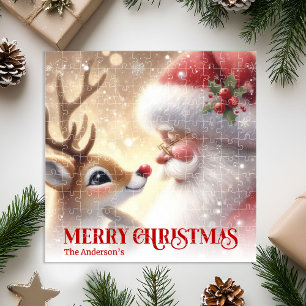 Merry Santa Claus Rudolph Personalized Kids Gift Jigsaw Puzzle