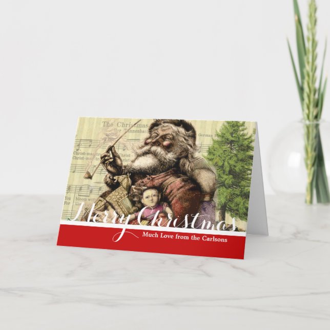Merry Santa Claus Tree Classic Illustration Holiday Card (Front)