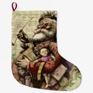 Merry Santa Claus Tree Classic Illustration Large Christmas Stocking