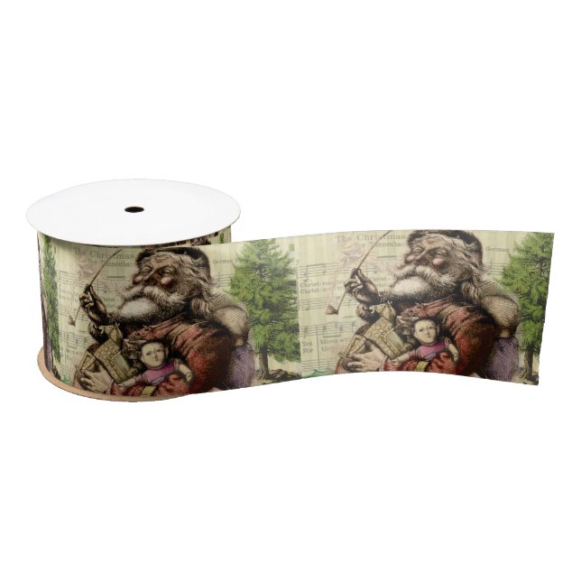 Merry Santa Claus Tree Classic Illustration Satin Ribbon (Spool)