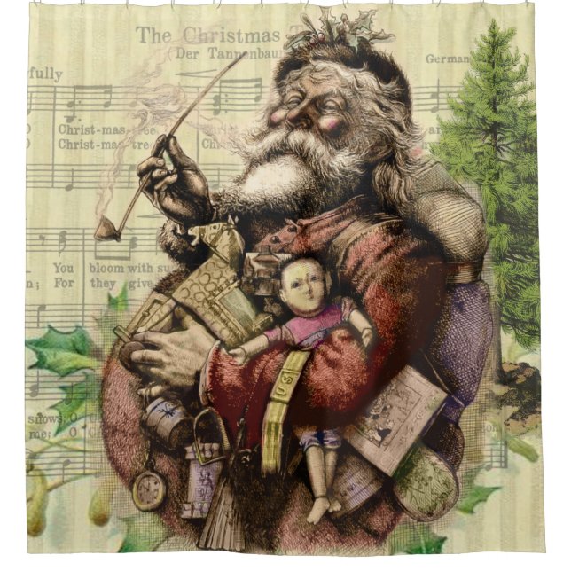 Merry Santa Claus Tree Classic Illustration Shower Curtain (Front)