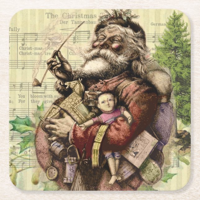 Merry Santa Claus Tree Classic Illustration Square Paper Coaster (Front)