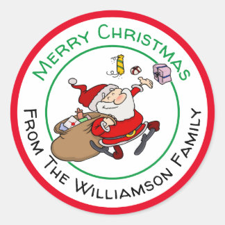 Merry Santa Delivering Christmas Presents Classic Round Sticker