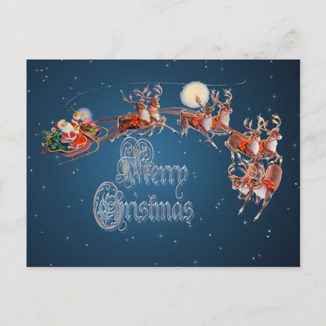 "MERRY SANTA, SLEIGH & REINDEER by SHARON SHARPE Holiday Postcard (Front)