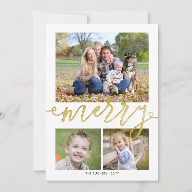 MERRY Script 3-photo Snowflakes on Gold Christmas Holiday Card (Front)