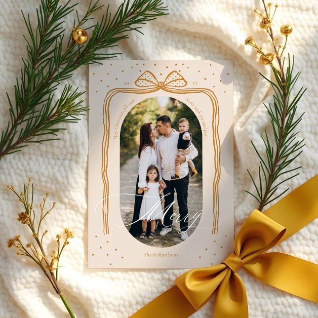 Merry Script Elegant Chic Christmas Bow Arch Photo Holiday Card (Creator Uploaded)