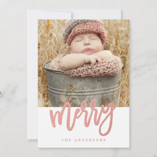 Merry Script Faux Rose Gold Foil Holiday Photo