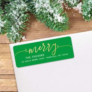 MERRY Script Gold & Bright Green Christmas Address