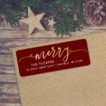 MERRY Script Gold Foil Dark Red Christmas Address<br><div class="desc">This simple design features the festive greeting "merry" in faux gold foil. Click the customise button for more flexibility in modifying/adding text/photos and design elements! Variations of this design as well as coordinating products are available in our shop, zazzle.com/store/doodlelulu. Contact us if you need this design applied to a specific...</div>