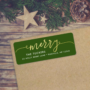 MERRY Script Gold Foil Green Christmas Address
