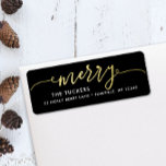 MERRY Script Gold Foil on Black Christmas Address<br><div class="desc">This simple design features the festive greeting "merry" in faux gold foil. Click the customise button for more flexibility in modifying/adding text/photos and design elements! Variations of this design as well as coordinating products are available in our shop, zazzle.com/store/doodlelulu. Contact us if you need this design applied to a specific...</div>