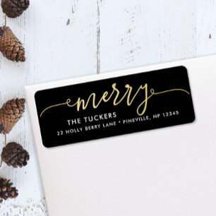 MERRY Script Gold Foil on Black Christmas Address