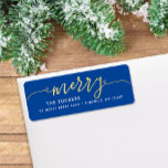 MERRY Script Gold Foil on Blue Christmas Address<br><div class="desc">This simple design features the festive greeting "merry" in faux gold foil. Click the customise button for more flexibility in modifying/adding text/photos and design elements! Variations of this design as well as coordinating products are available in our shop, zazzle.com/store/doodlelulu. Contact us if you need this design applied to a specific...</div>