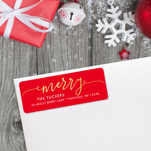 MERRY Script Gold Foil on Red Christmas Address