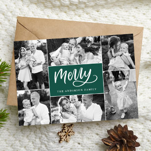 Merry Script Green Christmas 6 Photo Collage Holiday Card