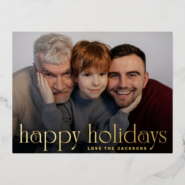 merry script happy holidays photo christmas foil holiday postcard (Front)
