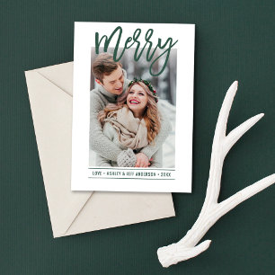 Merry Script Hunter Green Snowflake Photo Holiday Card