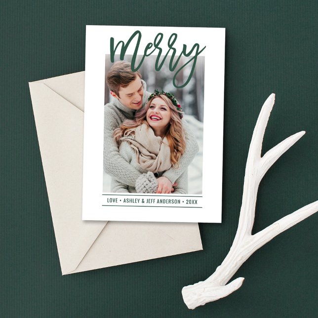 Merry Script Hunter Green Snowflake Photo Holiday Card (Creator Uploaded)