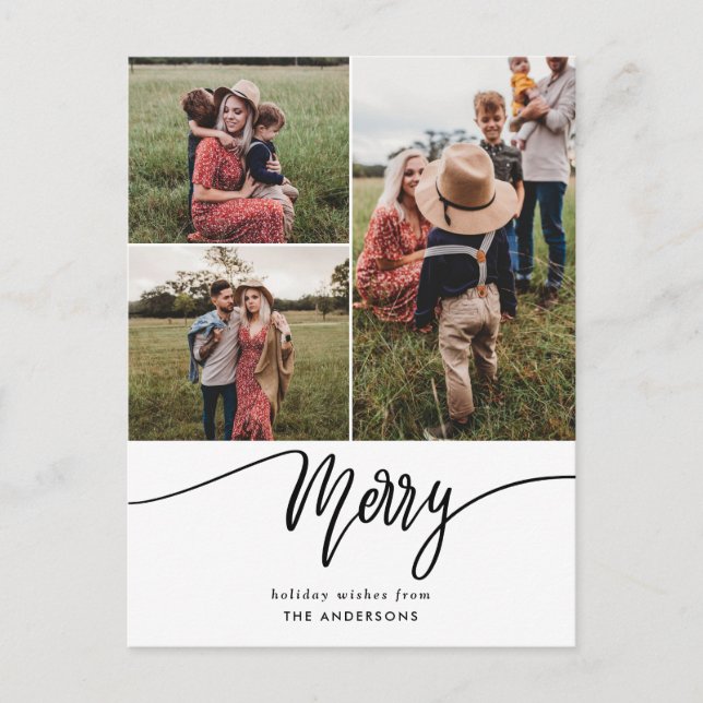 Merry Script Modern Family Photo Holiday Postcard (Front)