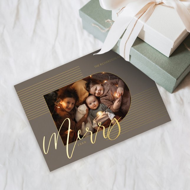 Merry Script Modern Stripes Photo Arch Frame Grey Foil Holiday Card (Creator Uploaded)