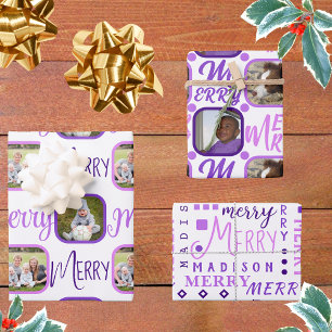 MERRY Script Purple On White 4 Photo Christmas Wrapping Paper Sheet