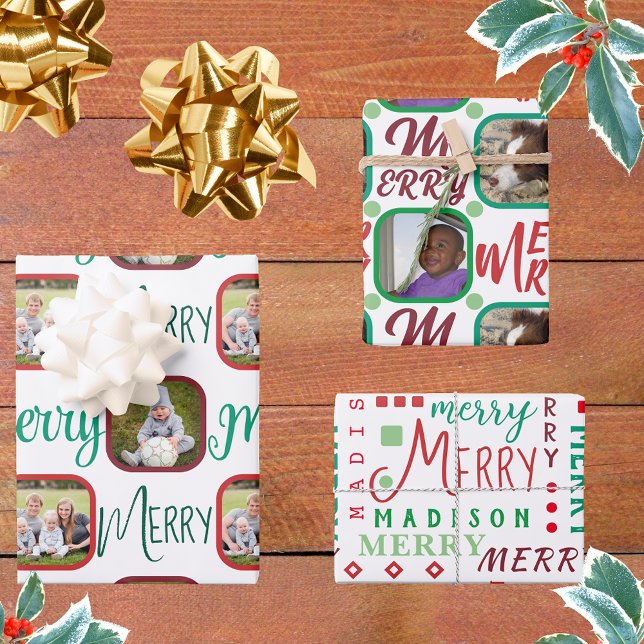 MERRY Script Red Green On White 4 Photo Christmas Wrapping Paper Sheet (Creator Uploaded)