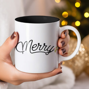 Merry Script Typography Minimalist Christmas  Two-Tone Coffee Mug