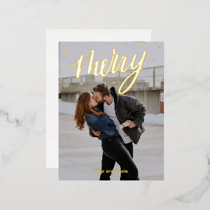 Merry Scripted Golden Wreath photo Christmas  Foil Holiday Postcard