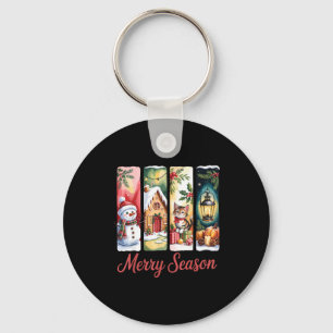 Merry Season Festive Snowman Cat Gingerbread House Key Ring