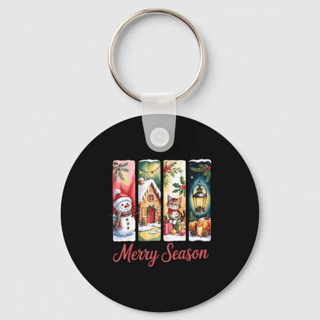 Merry Season Festive Snowman Cat Gingerbread House Key Ring (Front)