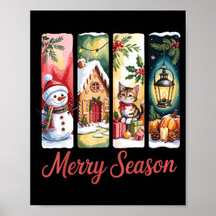 Merry Season Festive Snowman Cat Gingerbread House Poster