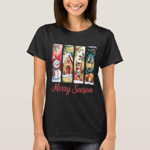 Merry Season Festive Snowman Cat Gingerbread House T-Shirt