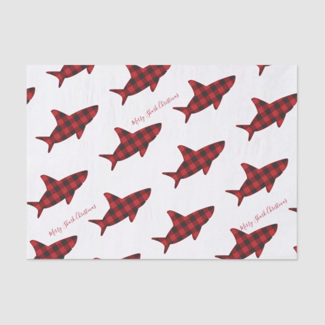 Merry Shark Christmas Plaid Red Black White Tissue Paper (Front)