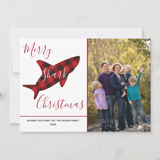 Merry Shark Christmas Plaid Red White Photo Holiday Card (Front)